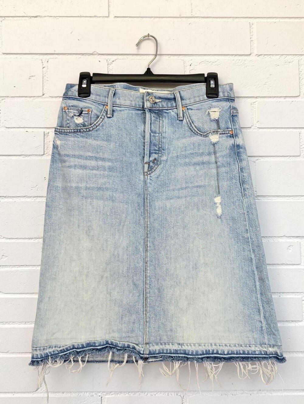 Mother Superior The Vagabond Mini Undone Hem Blue Denim Skirt Distressed Size 26